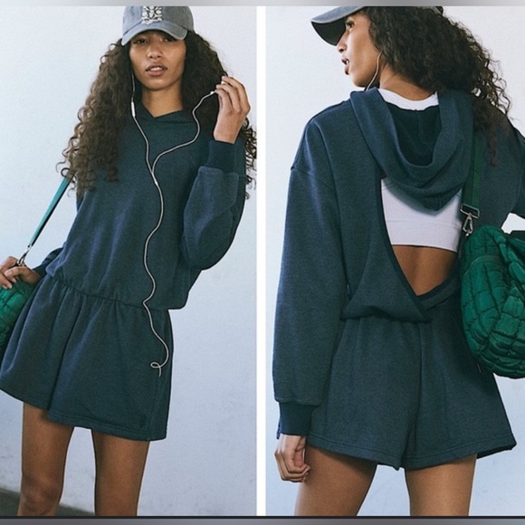 FP Movement Free People Dark Teal Blue Such a Flirt Romper XL Shorts Knit NWOT - Picture 1 of 6